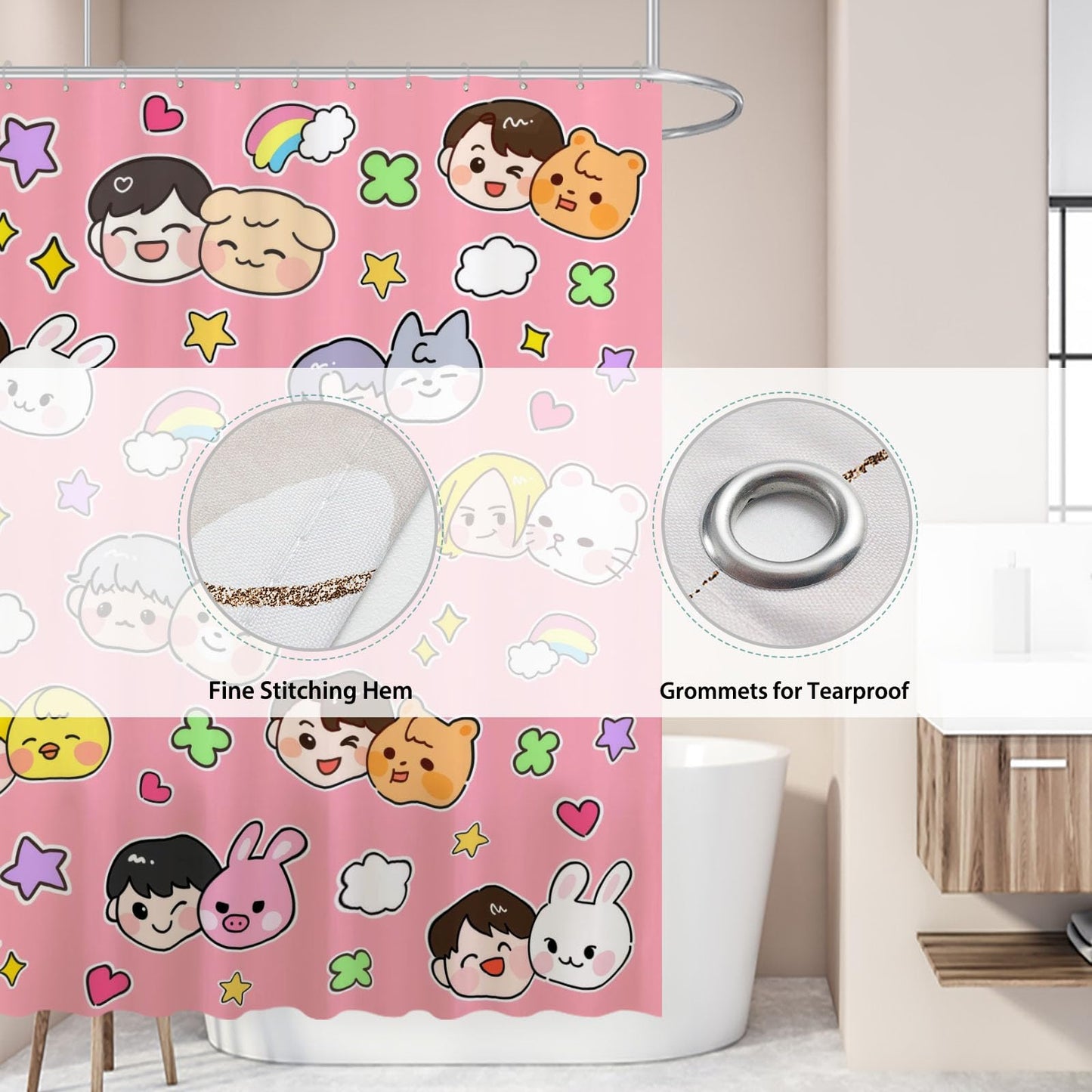 Funnytree Cute Korean Music Pink Shower Curtain 72"x72" - Waterproof Fabric Bathroom Decor for Women,Teens,Daughter,Fans,Girls, Durable Easy Care Washable (Hooks Not Included)