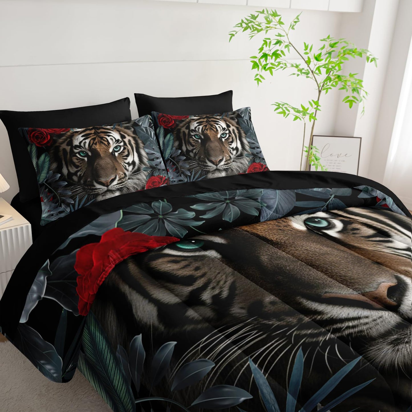 Nttopship Boys Tiger Comforter Set Bed in A Bag Twin Size 7PCS Red Rose Bedding Set,Bed Sheet Set Wild Animal Printed Room Decor for Girls Boys Kids,Microfiber Lightweight All Season