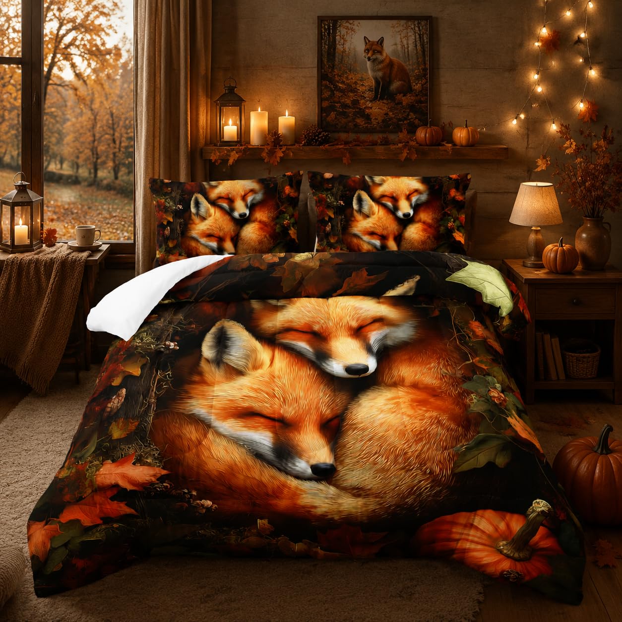 Nttopship Fox Comforter Set 3-Pieces Full Size,Cute Foxes Bedding Set for Kids Boys Girls Cute Animal Comforter Wildlife Quilt Set 3D Animal Plants Leaves Printed ThemeComforter with 2 Pillowcases