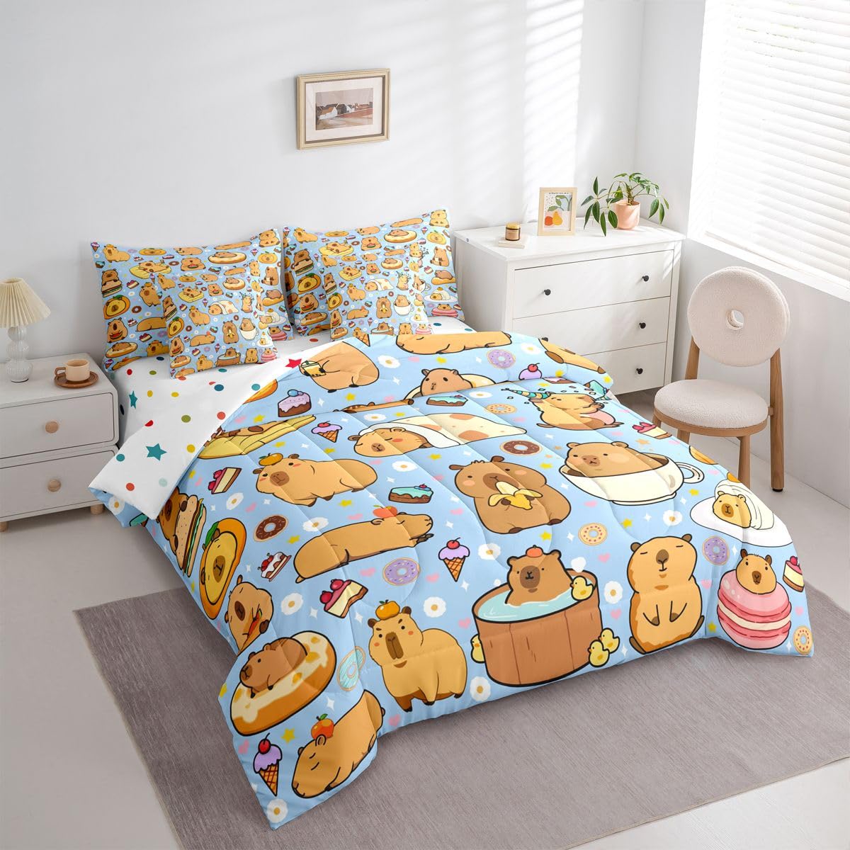 Cartoon Capybara 7 Pieces Bedding Set Twin Size,Kawaii Animals Bed in a Bag,Capybara Lovers Bed Set Includes Comforter,Sheet Set,Pillowcases & Pillow Covers,Yummy Foods Love Hearts Bedroom Decor