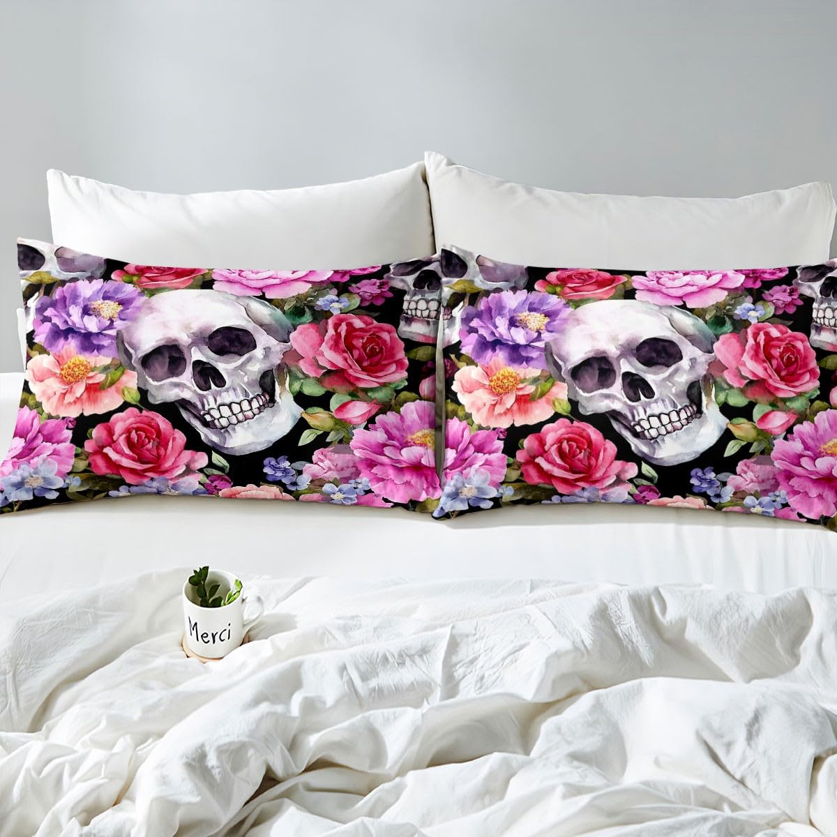 Feelyou Kids Sugar Skull Bedding Set Full Size, Gothic Skeleton Fitted Sheet Boys Girls Rose Floral Flower Bed Sheet Set for Bones Teens Bed Cover Bedroom Decor Bed Set 3Pcs (No Flat Sheet)