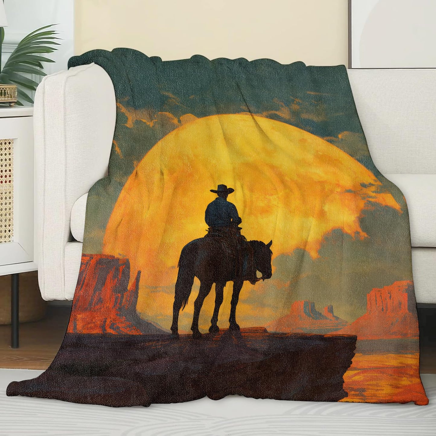 Zeleda Rustic Cowboy Cozy Throw Blanket for Couch Sofa Bed, Soft Flannel Western Horse Blankets for Adults Men Boys, Warm Lightweight Sunset Throws for Room Decor Gifts, 50x60 Inches