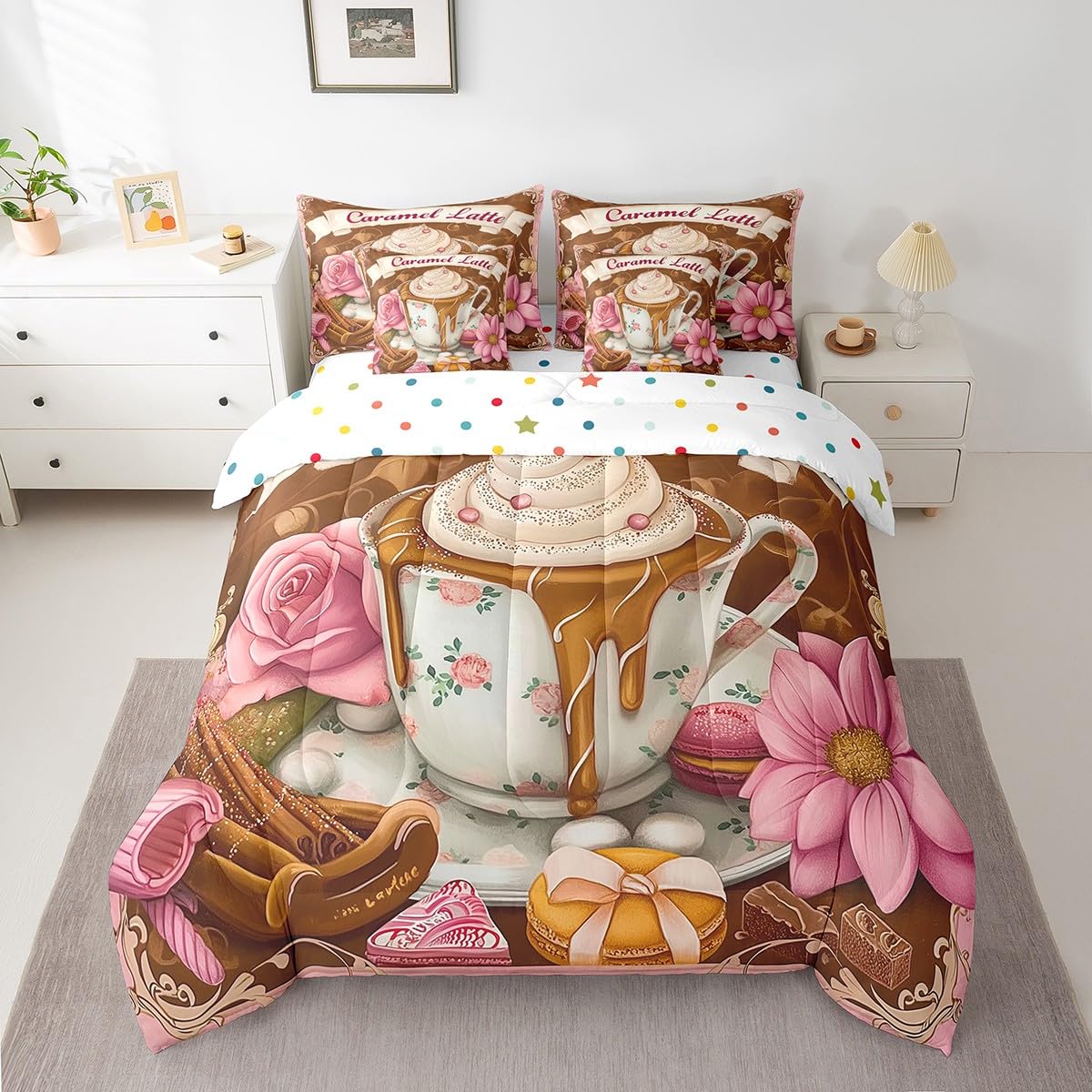 Erosebridal Caramel Lattle Bedding Set for Kids Teens,Afternoon Tea Comforter Set Full Size,Oil Painting Rose Daisy (Comforter+Fitted+Flat Sheet+2 Pillowcases+2 Throw Pillow Covers) 7 Pieces Bed Set