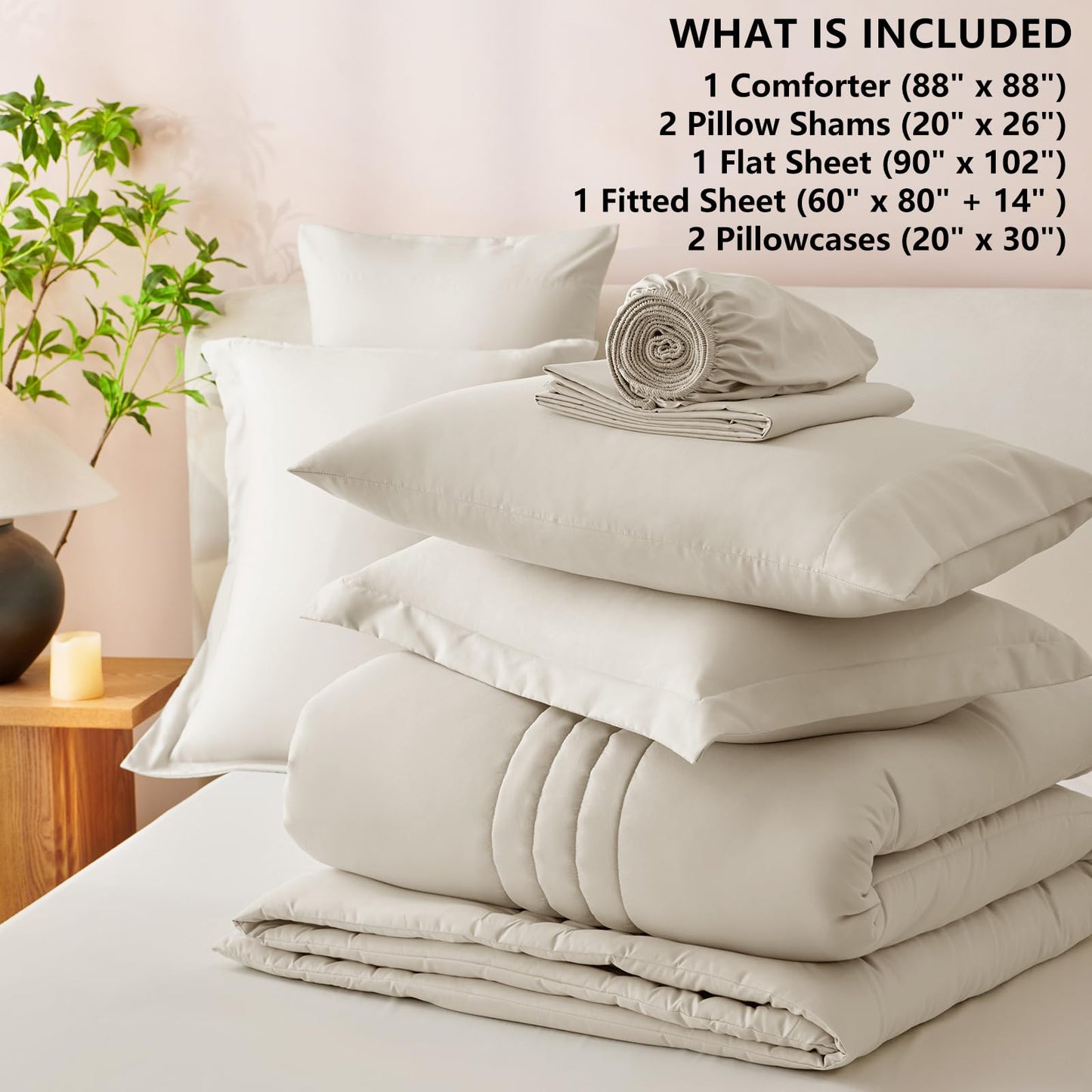 CozyLux Queen Comforter Set Beige - 7 Pieces Bed in a Bag, Modern Vertical Quilted Room Decor, Soft All-Season Bedding Gift with Comforter, Sheets, Pillowcases & Shams