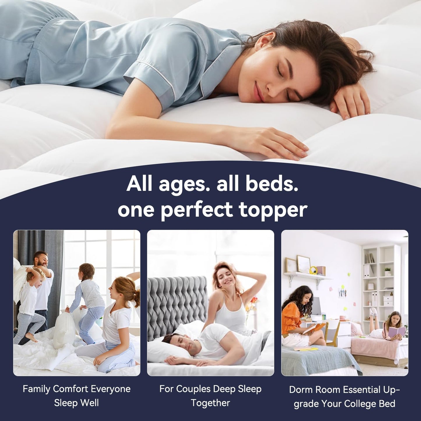 Topllen Queen Mattress Topper for Back Pain Relief – Extra Thick Pillow Top Plush Mattress Pad with Deep Pocket, Soft Pillowtop Queen Size Bed Toppers Filled Fluffy Down Alternative, White