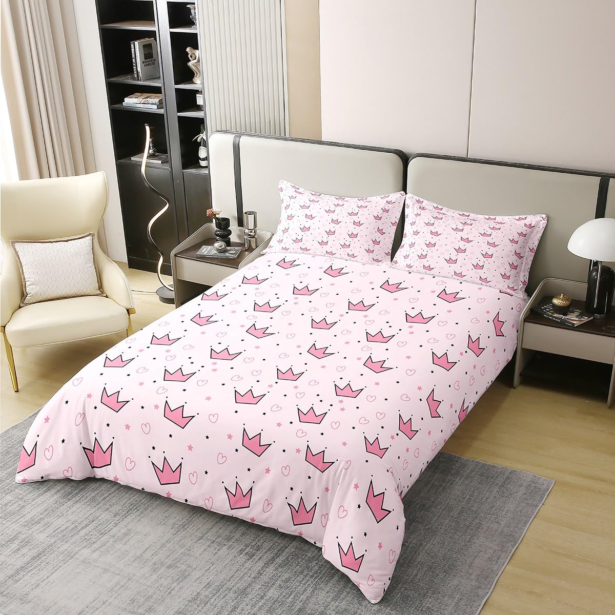 Manfei Princess 100% Cotton Duvet Cover Set Twin Size, Pink Crown Print Bedding Set 2pcs, Cute Crown Hearts Stars Print Quilt Cover, Kids Girls Women Room Decor, 1 Pillowcase,No Comforter
