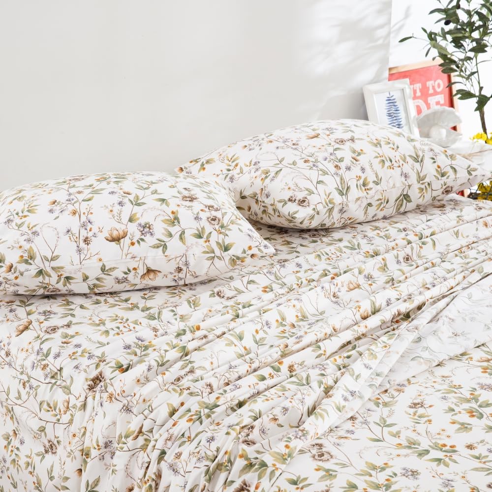 DAUAOTO 100% Cotton Bedding Printed Sheets Set for King Size Bed Up to 14" Deep Mattress, Farmhouse Pattern Bedlinen Sets, Botanic Green