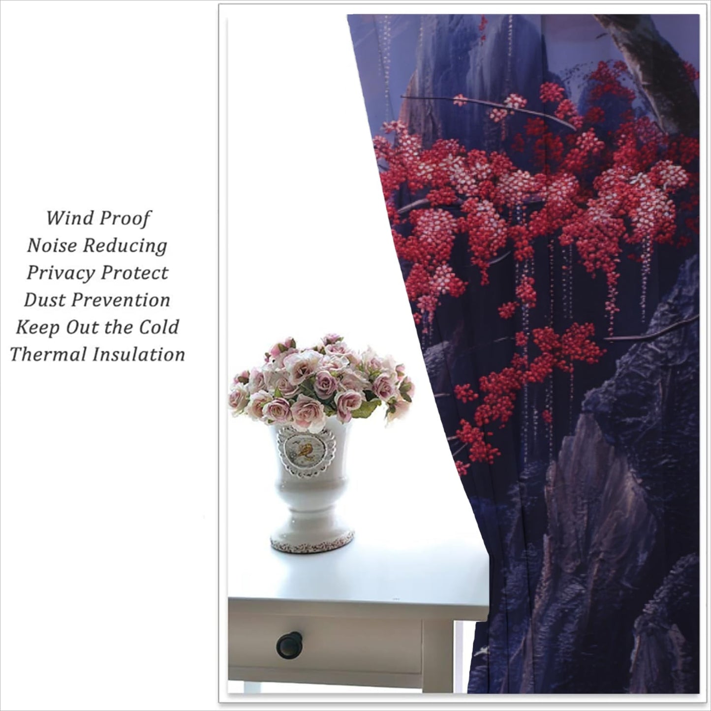 Asian Blackout Curtains for Boys Girl Bedroom Home Decor,Japanese Anime Style Mountain Falls Red Plum Landscape Painting Thermal Insulated Grommet Darkening Living Room Window Drapes, 72 x 63 inch