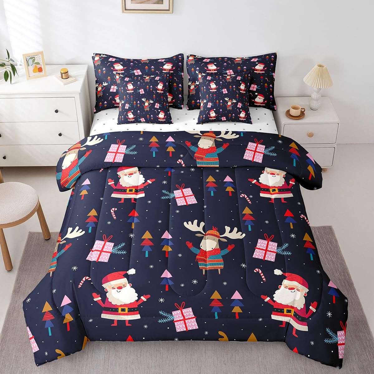 7 Piece Santa Claus Bed in a Bag Twin for Boys Girls Kids Christmas Sheet Set Christmas Themed Bedding Comforter Christmas Elk Decor Bed Sets Happy New Year Winter Themed Cushion Covers Blue