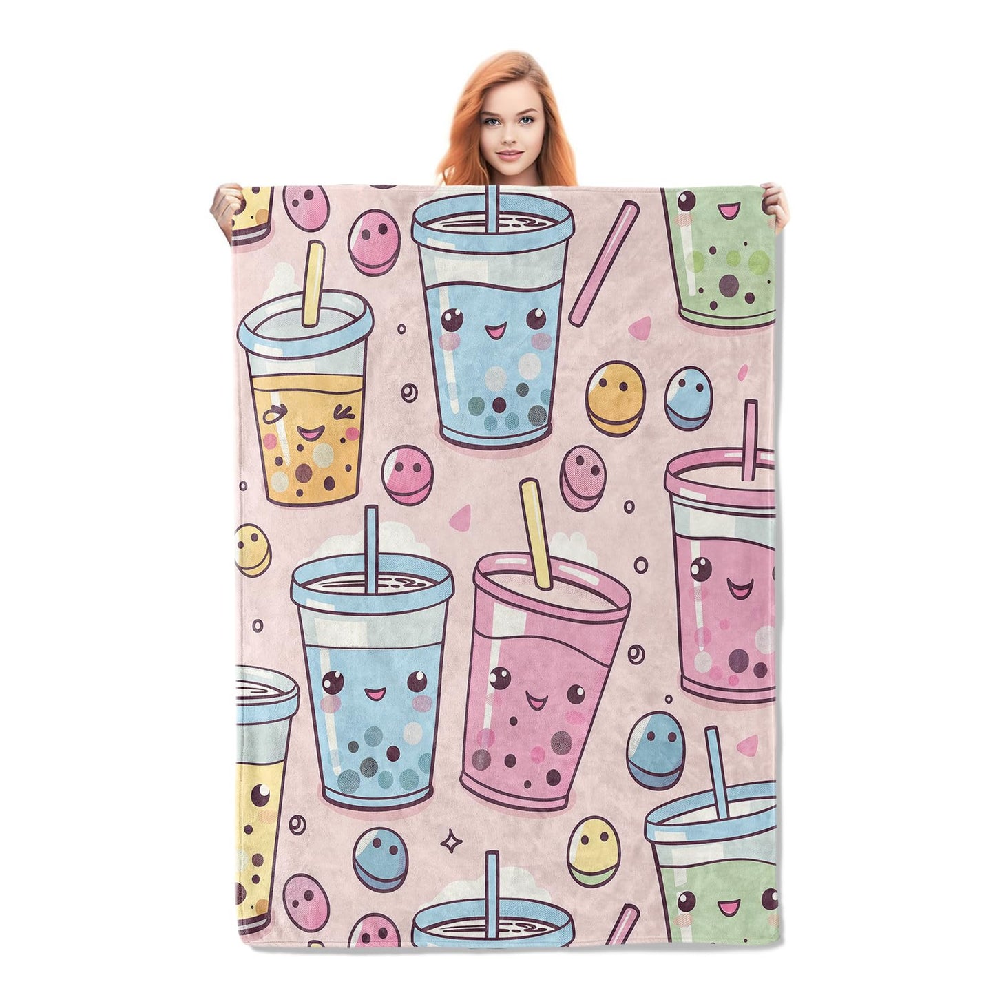 Cute Anime for Boba Cups Blanket Gifts for Women Girls Adults Kids Soft Warm Lightweight Cozy Bubble Tea Throw Blankets for Bed Sofa Couch Living Room Decor 50x60in