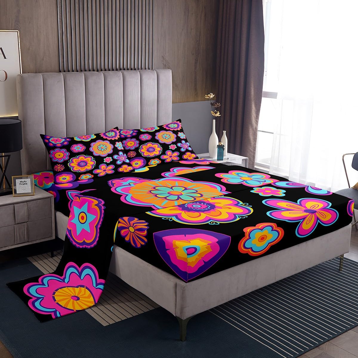 Erosebridal Groovy Flower Power Bedding Set Full Girls Neon Purple Black Vintage Floral Bed Sheets Hippie Aesthetic Psychedelic Botanical Sheet Set Soft Fitted Sheet + Flat Sheet + 2 Pillow Cases