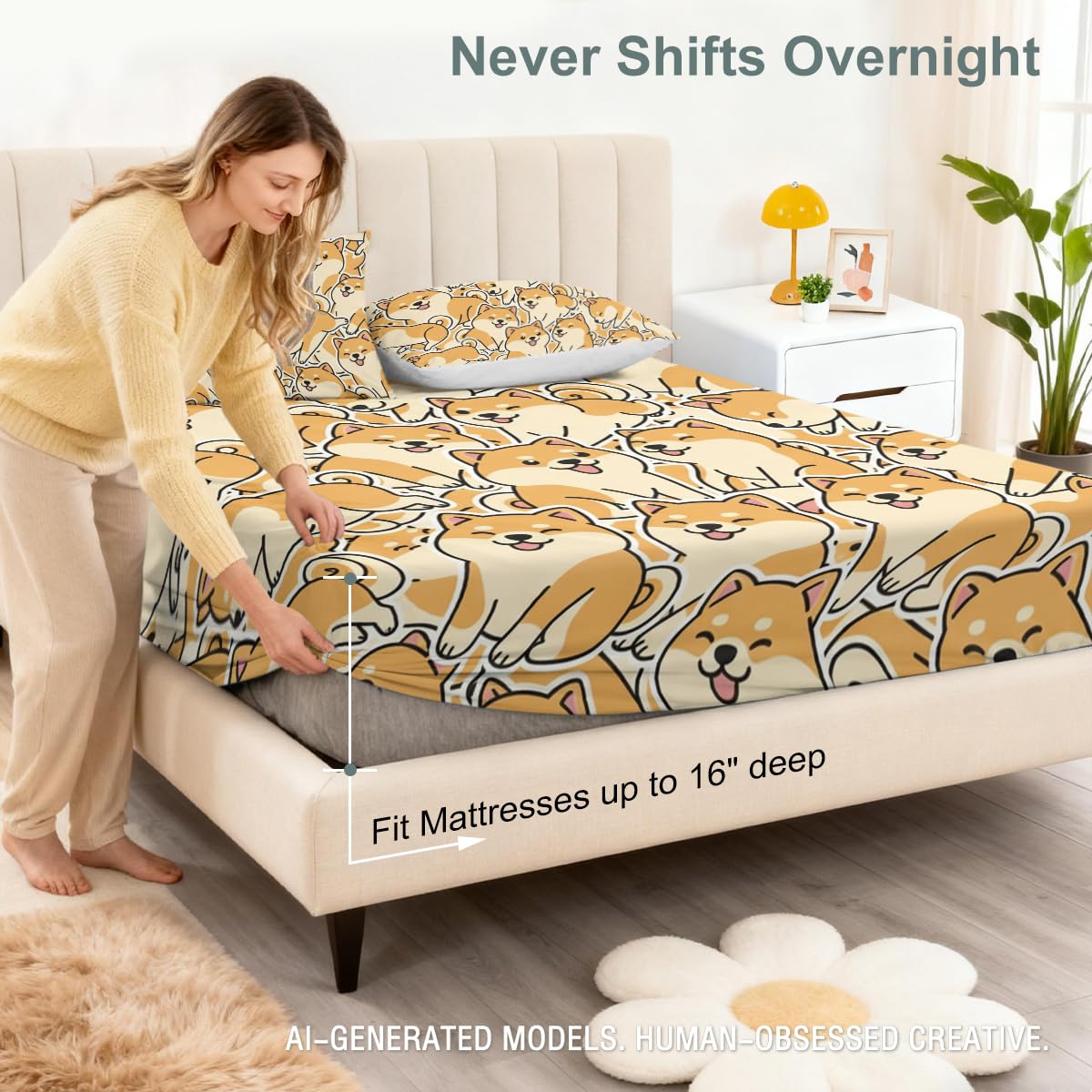 ARIGHTEX Shiba Inu Fitted Sheet Set Twin Size, 3 Pieces Cute Dog Pattern Microfiber Bedding for Pet Lovers Bedroom Decor, Soft Breathable Deep Pocket Bed Sheet Set