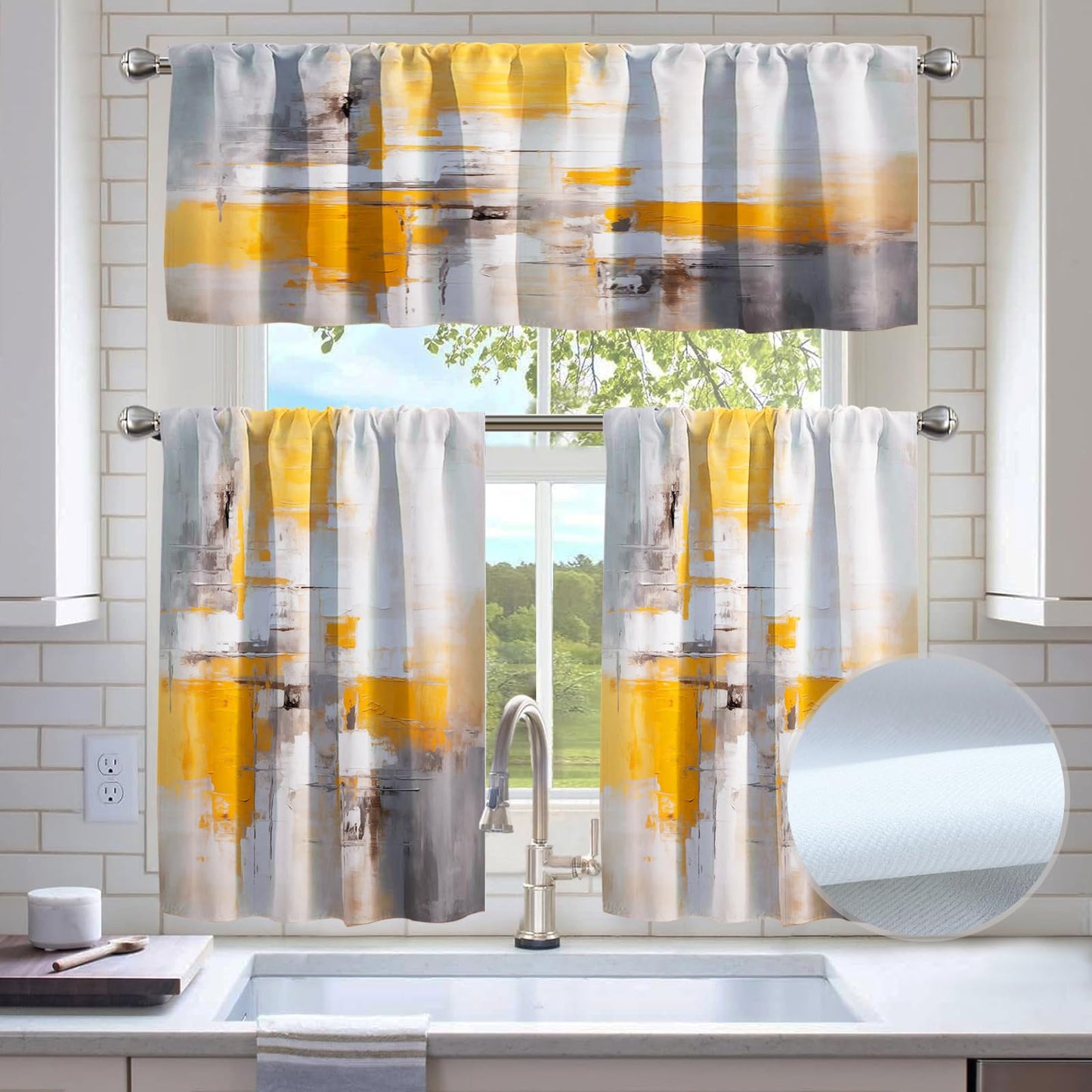 KINUUIS Yellow Brown Blackout Kitchen Window Tier Curtains and Valance Set, 52 x 36 Inch Abstract Art Window Curtains Set with Rod Pocket for Small Windows, Living Room or Bathroom