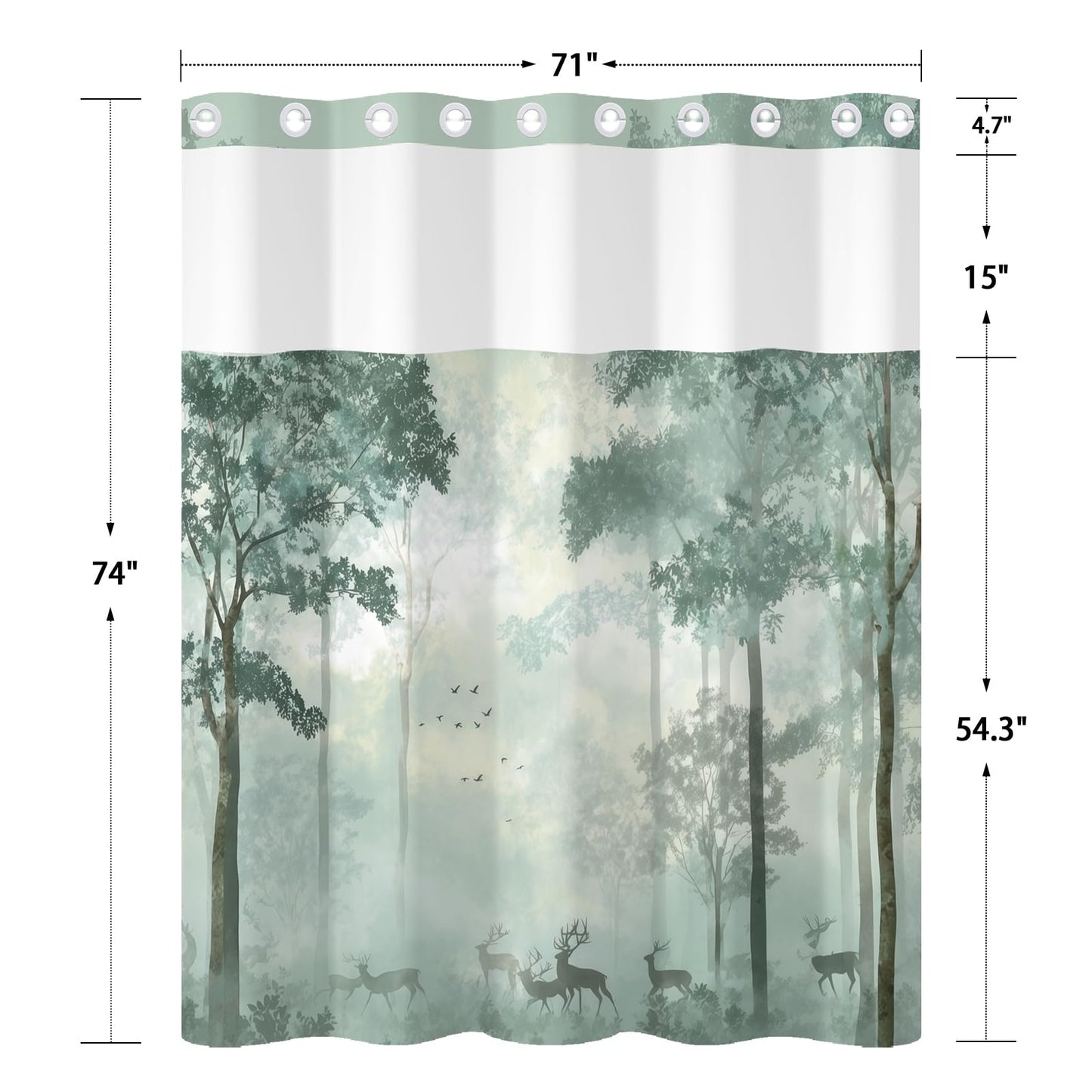 Xiazhilaio No Hook Nature Shower Curtain with Liner 71 x 74 Inch - Sage Green Misty Forest Pattern, Waterproof Fabric Bath Curtain with Mesh Top for Modern and Rustic Bathroom Decor