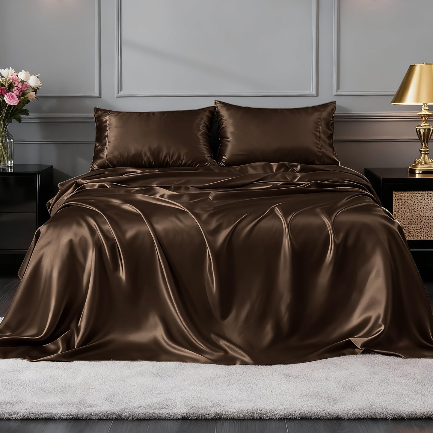 FreshCulture Satin Sheets Full Size - 4 Piece Luxury Soft Silky Full Size Bed Sheets, Similar to Silk Bed Sheet Set with 1 Deep Pocket Fitted Sheet, 1 Flat Sheet & 2 Pillowcases (Brown)