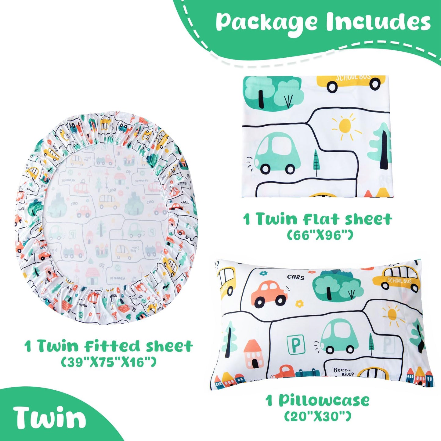 Swiftify Twin Bed Sheets Set for Boys, 3-Piece Bed Sheet Set for Toddler, Soft Brushed Microfiber Bedding, Deep Pocket, Wrinkle & Fade Resistant, Fun Car