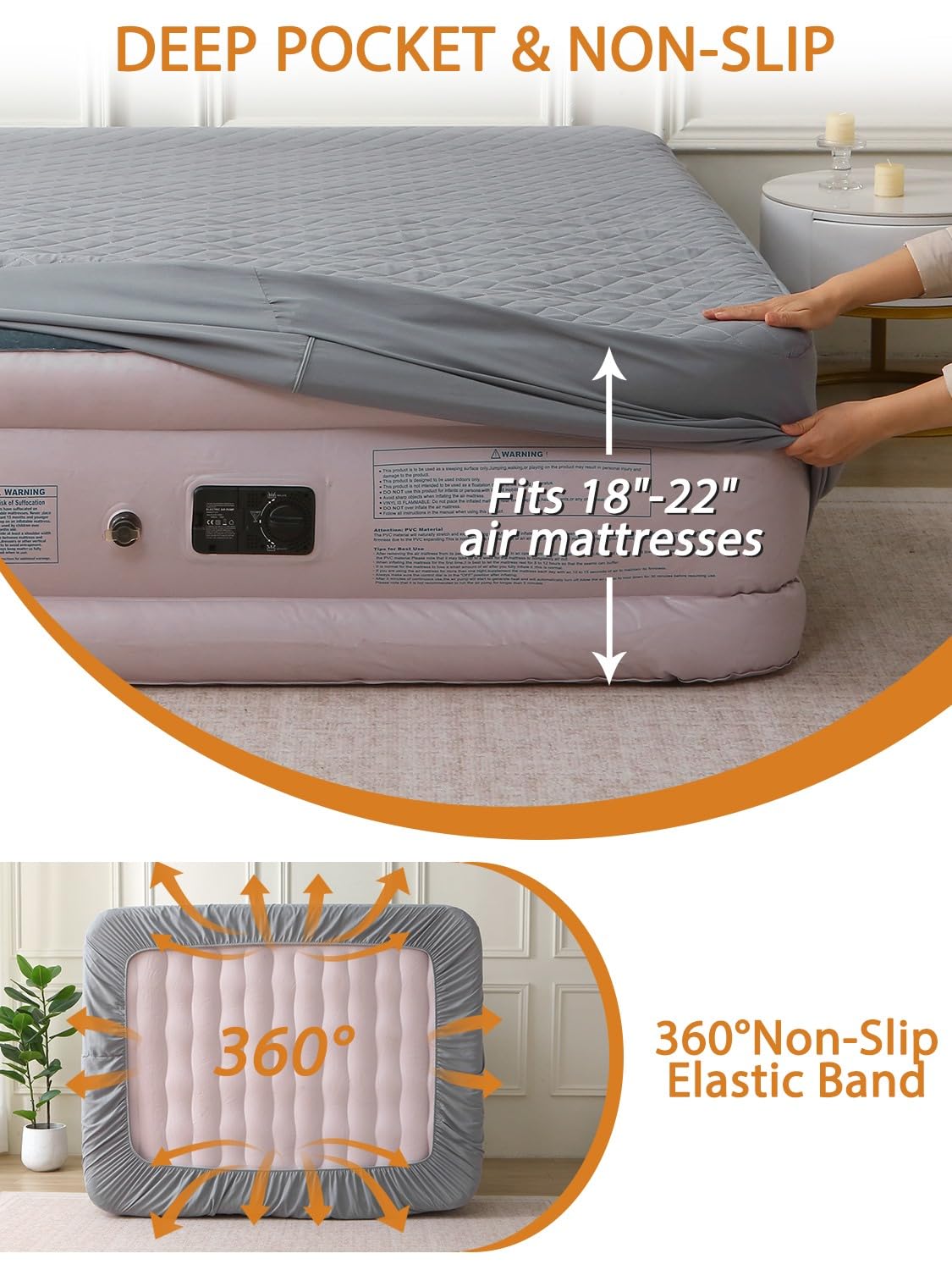 Bedecor Twin Quilted Air Mattress Pad with Pump Access Zipper,Air Bed Protector Cover, Deep Pocket Fits 18-24 Inch Blow Up Beds, Quiet & Breathable,Gray Diamond