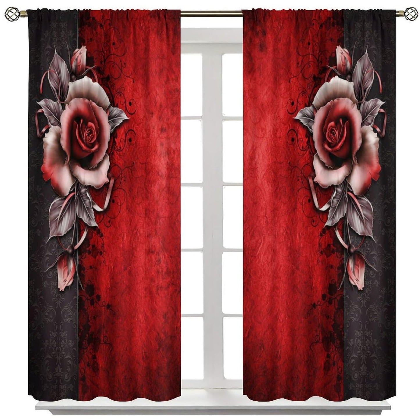 GoDazzling Retro Gothic Dream Rose Curtains, Red Rose Flower Abstract Rod Pocket Window Drapes, for Bedroom Living Room 41" W X 45" L (No Blackout)