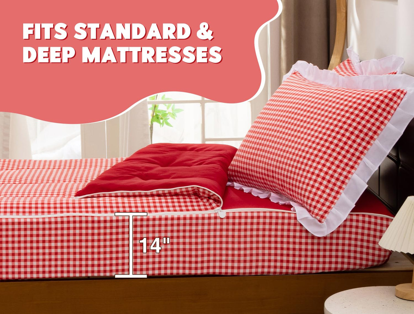 Meeting Story 3pcs Zipper Bedding Twin Kids Checked Plaid Red Comforter Set for Girls and Kids(Red,Twin)