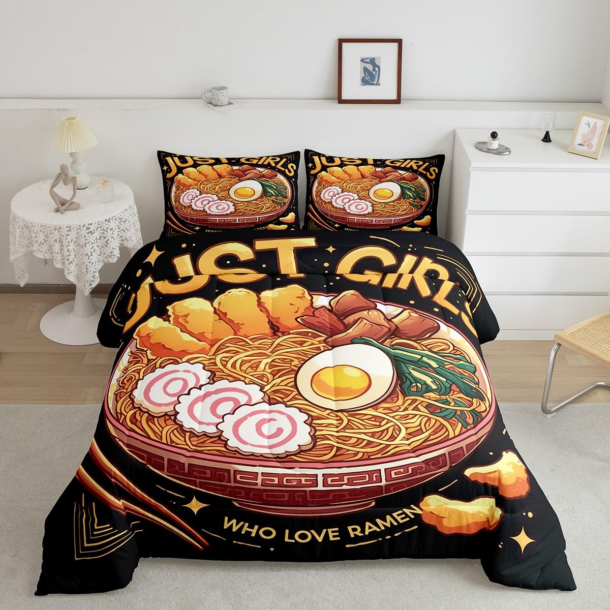 Erosebridal Japanese Ramen Bedding Set Queen,Ramen Noodle Comforter Set Funny Gifts for Kids Teens Adults,Anime Style Quilt Bed Set Food Theme Bedding Comforter Sets with 2 Pillowcases Room Decor