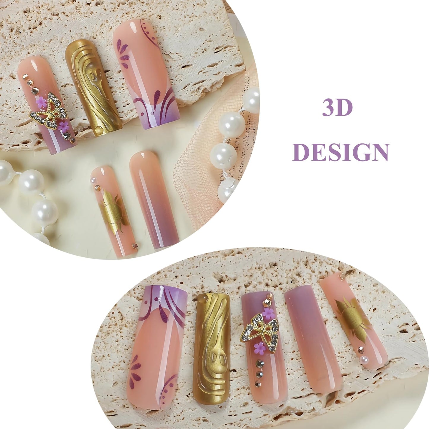 MERVF Press on Nails Long Square Purple Ombre French Tip Fake Nails Glue ons Acrylic Nail Gold Sun Luxury 3D Butterfly Design Handmade Glossy 24pcs