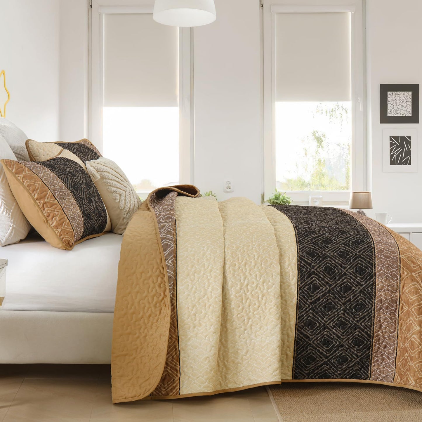 Cottolester Fall Quilt Set Queen Size 3 Pieces,Brown Striped Bedspread,Boho Plaid Bedding Set Soft Microfiber Quilt with 2 Pillow Shams 96"x90"