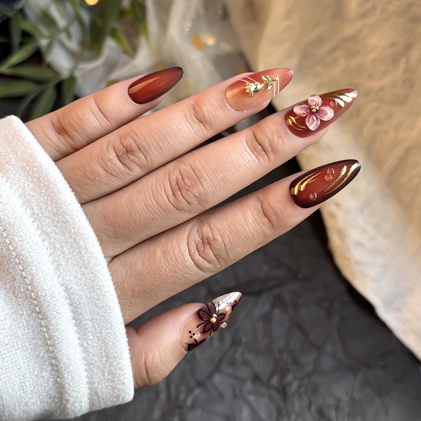 24Pcs Luxury Handmade Nails Kit 3D Flower Almond Press on Nails Medium Almond Brown with 3D Gold Beads Carved Floral Nails Designs Reusable Acrylic False Nails for Women