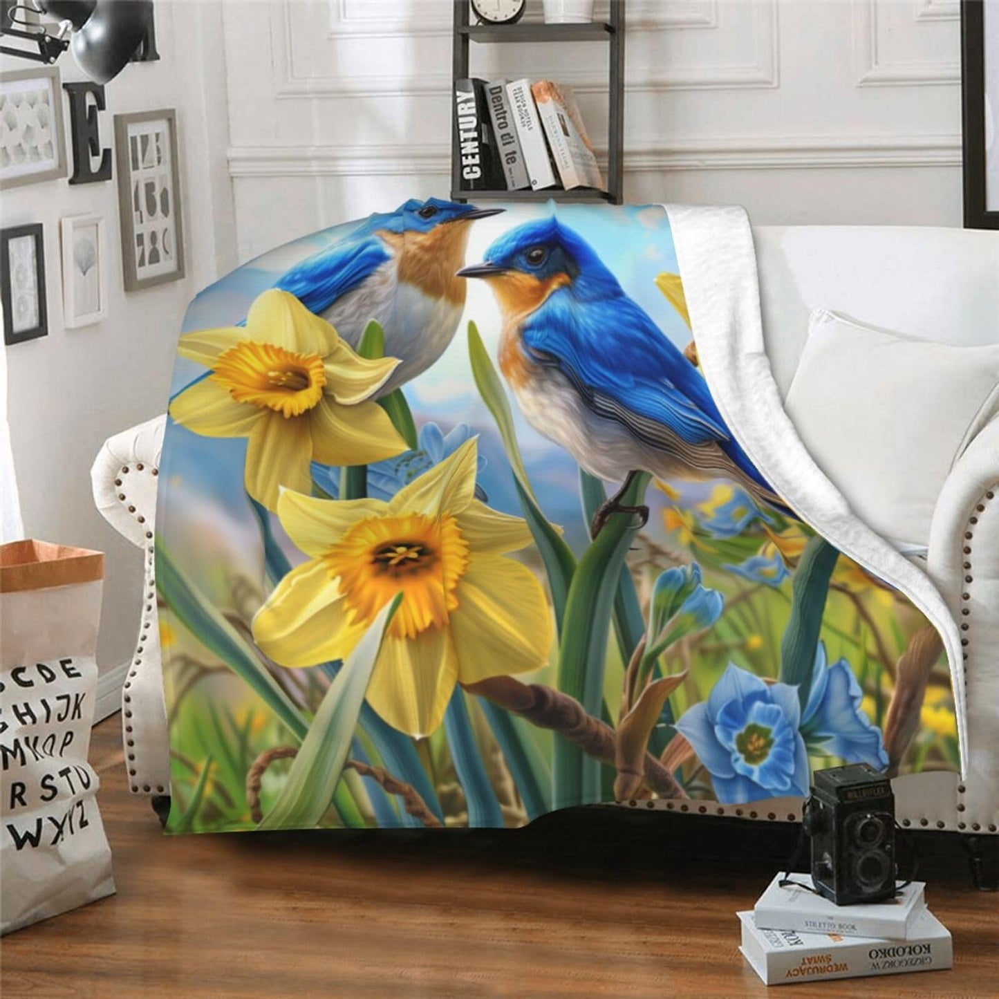 Qycazzw Bluebird Blanket Gifts for Women Kids, Bird and Floral Theme Flannel Blankets, Warm Cozy Soft Throw for Bedroom, Camping, Couch, Decor 50x60 in