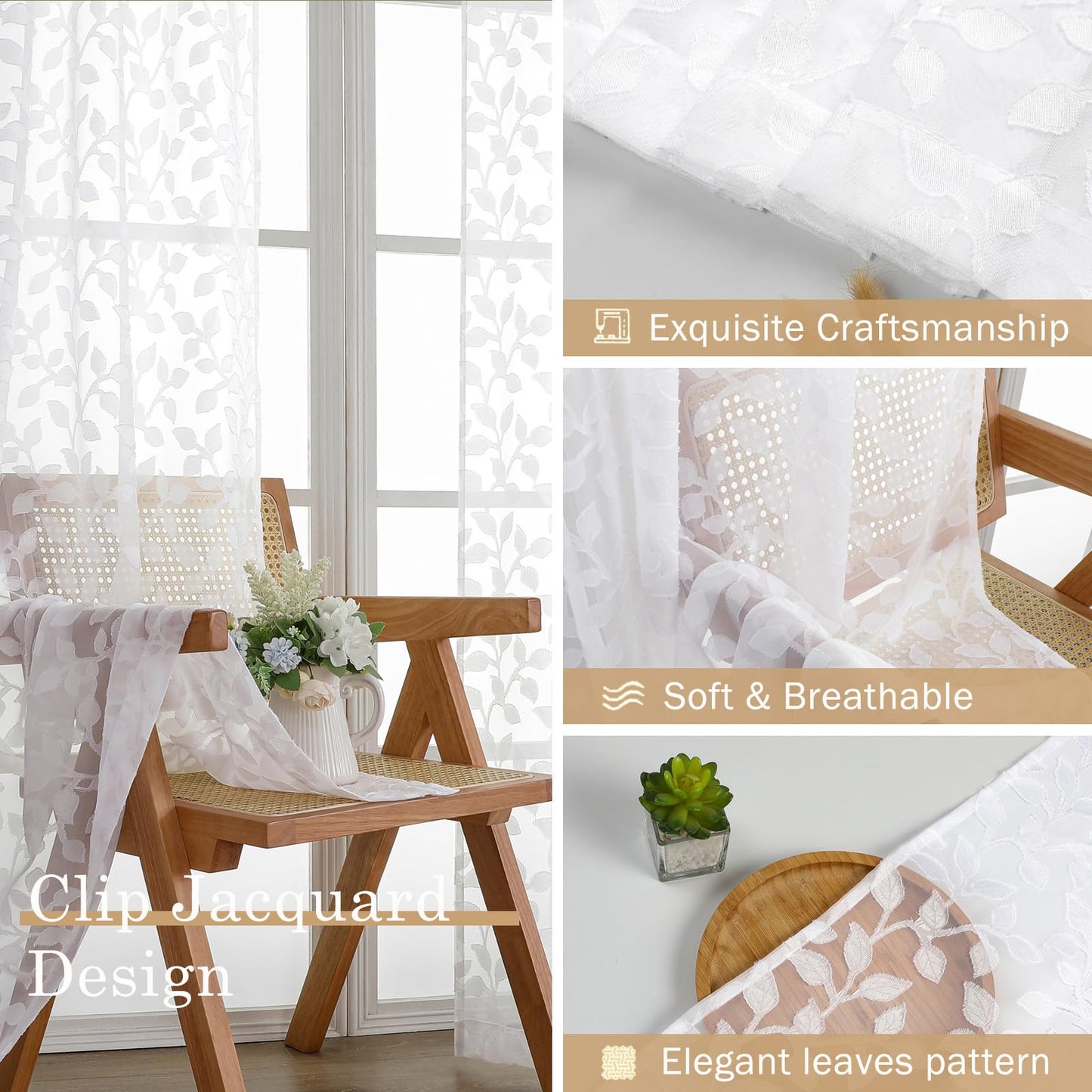 Chyhomenyc White Sheer Curtains 84 Inch Length 2 Panels Set, Light Filtering Tufted Textured Soft Airy Rod Pocket Gentle Leaf Window Treatment Drapes for Bedroom Living Room, 42" Wx84 L, 2PCS