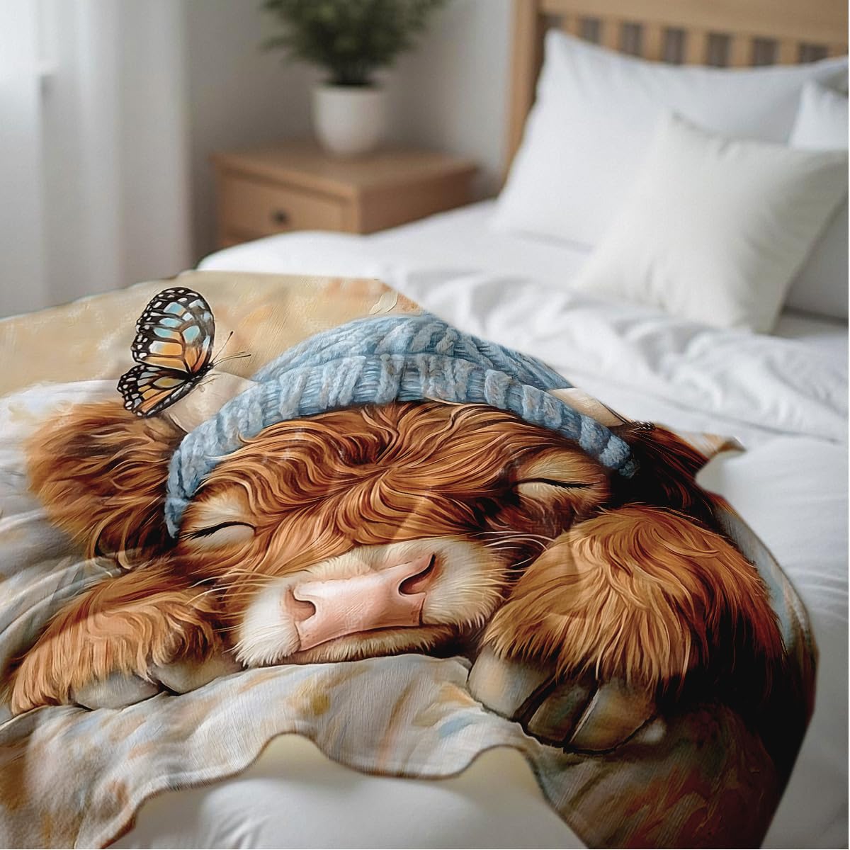 HUNXIAOJ Printed Bed Blanket Baby Highland Cow Blanket Kid Queen Size Farm Throws Cute Highland Cattle Flannel Blankets for Children Girls (49"x59")