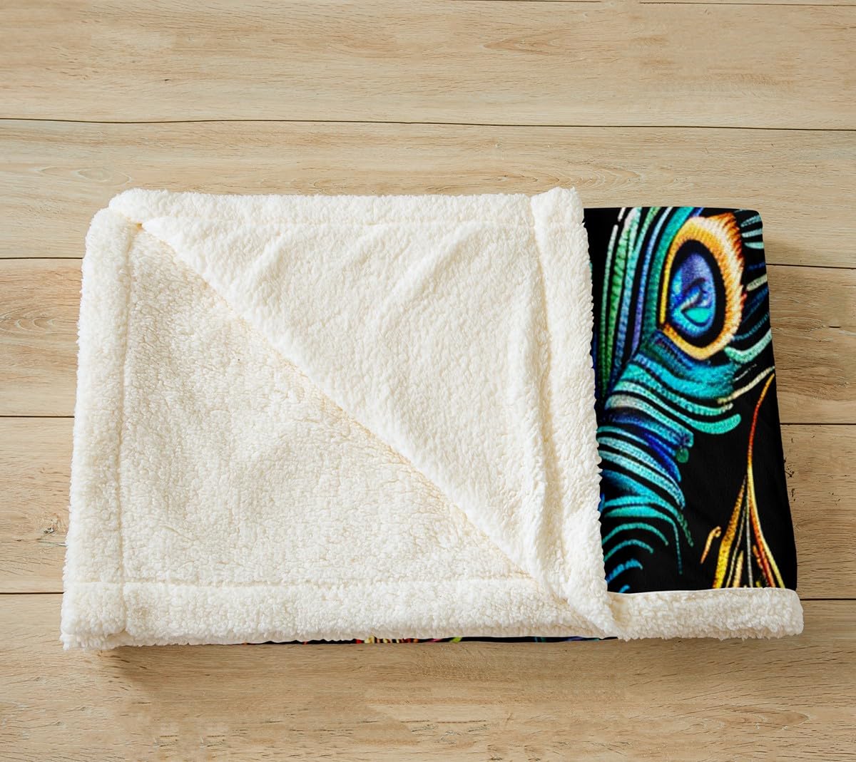 Feather Print Fleece Throw Boho Style Plush Sherpa Blanket for Sofa Couch Bed Women Peacock Bird Feathers Element Bohemian Design Warm Fuzzy Room Decor Throw 50"x60"