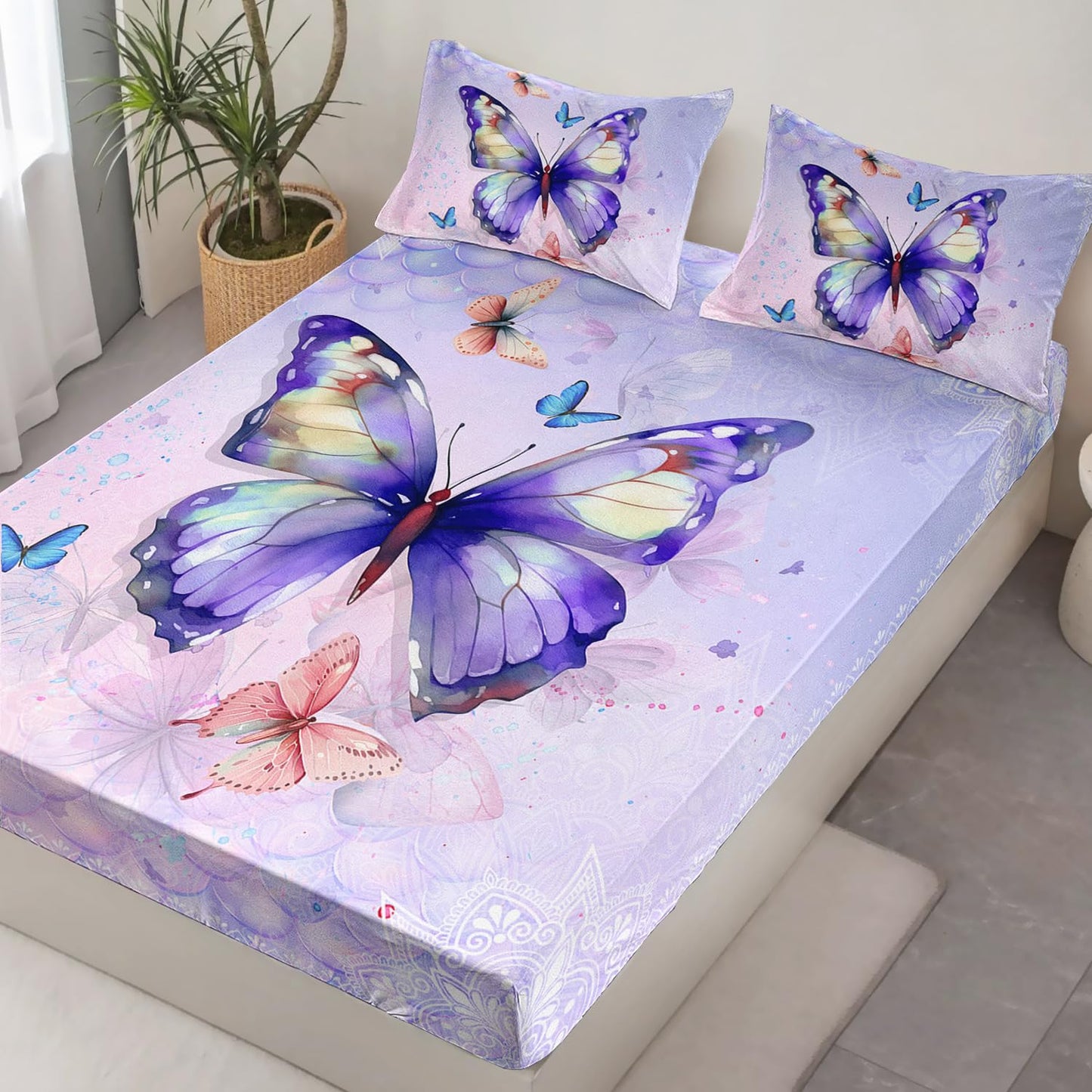 HOSIMA Butterfly Twin Fitted Sheet with 2 Pillowcases, Mandala Twin Bedding Sets for Girls Boys Women Room Decor, Purple Butterfly Bed Sheet with 15-Inch Deep Pockets