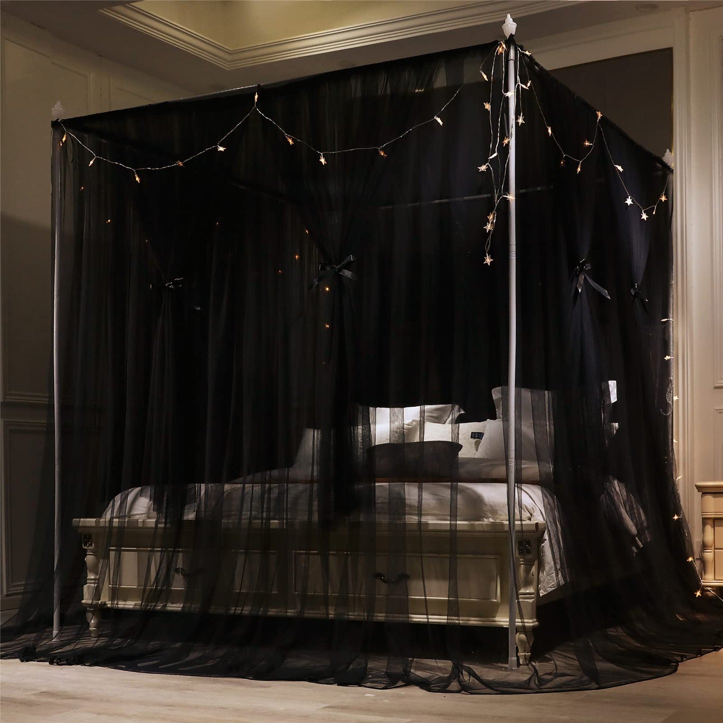 VETHIN 4 Corners Post Princess Bed Canopy Curtain Double Layer Cozy Drape Netting 4 Opening Mosquito Net for Girls & Adults Bedroom Decoration Accessories (Double Black, 78" W*86" L*82"*H/(King))