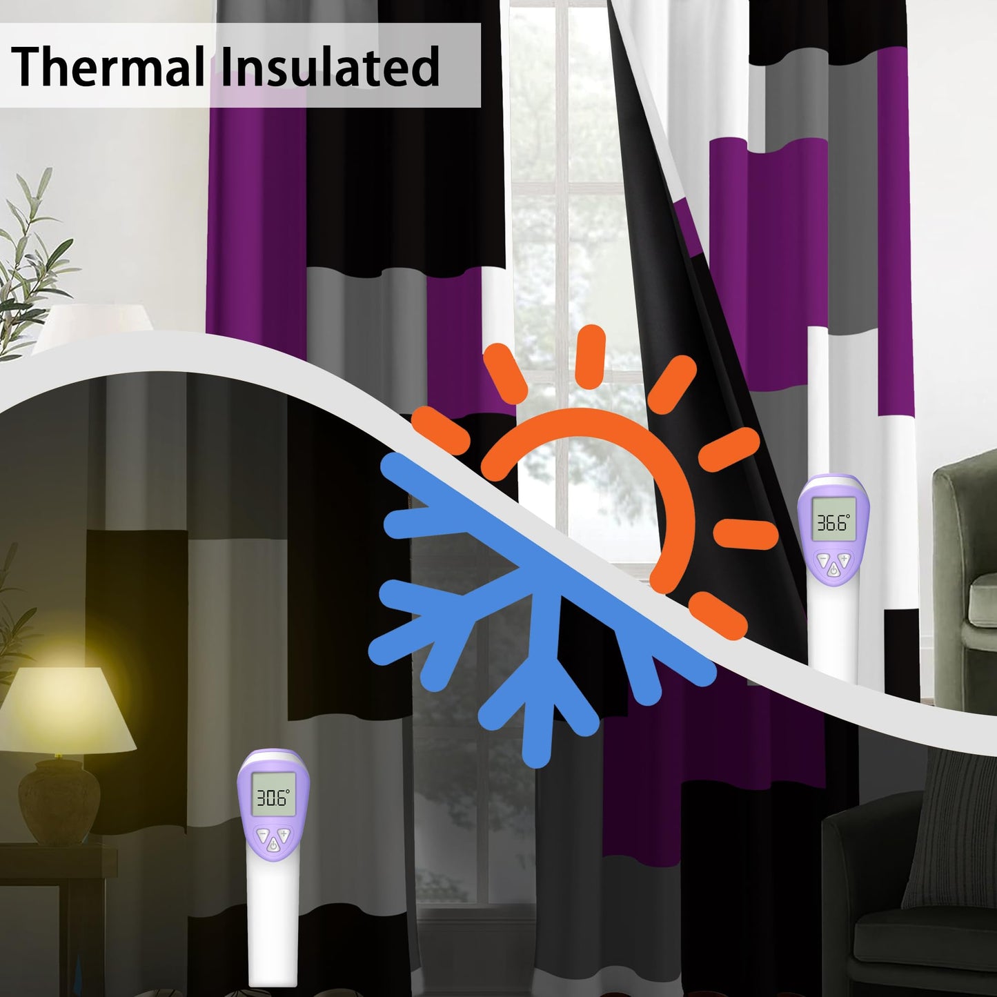 Tyrot Purple 100% Blackout Curtains for Bedroom 45 inch Length 2 Panels Set Grey Modern Abstract Geometric Black Out Curtains Insulated Room Darkening Window Drapes for Living Room, 52Wx45L
