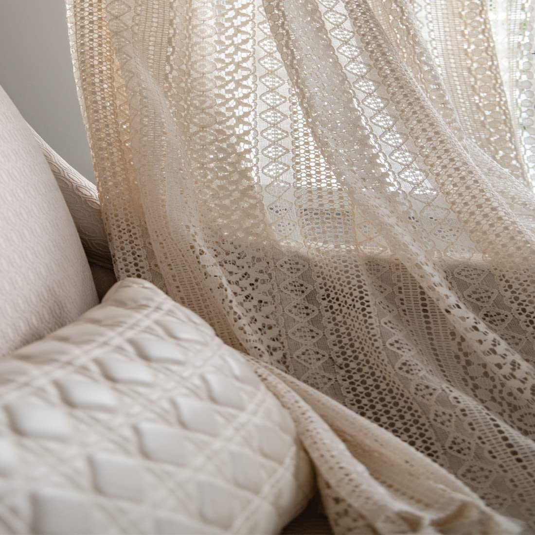 Colorigan Boho Curtains for Living Room Bedroom, 84 inch Length 2 Panels Set Cotton Linen Semi Sheer Farmhouse Window Curtains with Tassels & Rod Pocket, Beige Lace Crochet Rustic Long Curtain Drapes