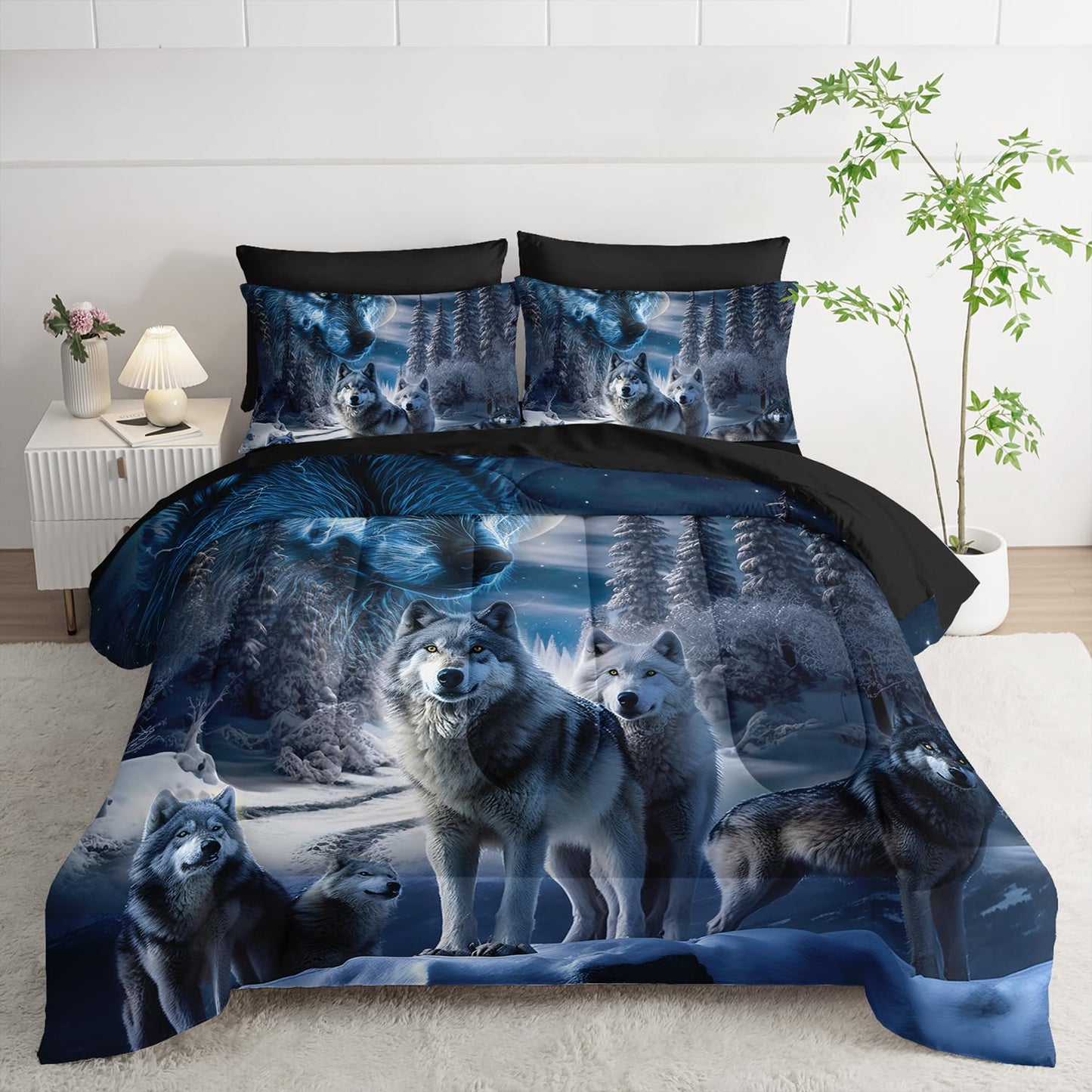 AILONEN Boys Snow Wolf Comforter Set Full 7-Piece Bed in a Bag - Printed Bedding Set for Kids Adults, Safari Animal Comforter, Fitted Sheet, Flat Sheet, 2 Pillowcases, 2 Pillow Shams - Black