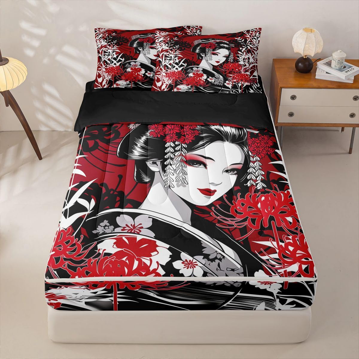 Erosebridal Geisha Beauty Kids Comforter Set with Zipper, Japanese Style Twin Size Zipper Bedding Set, Traditional Geisha Bamboo Flowers Bed-in-A-Bag