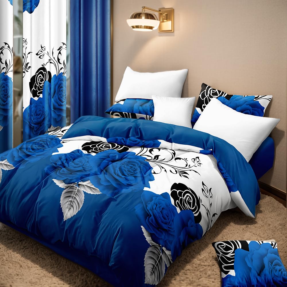 Elegant Blue Rose Floral King Light Comforter Set, Luxury 9-Piece Bed in a Bag King Bedspread with Matching Curtains Ultra Soft & Breathable Botanical Bedding, All-Season Decor for Master Suite
