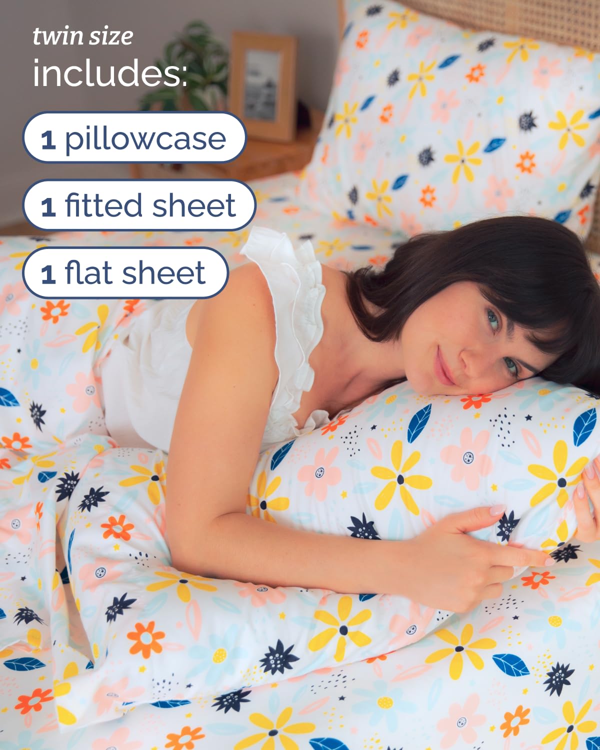 Floral Sheets - Flower Print Bed Sheet Set - 1 Flat, 1 Fitted & 1 Pillowcase w/ Deep Pockets - Comfy, Cozy, Wrinkle & Fade Free - Boho Botanical Bedding - Soft, Breathable & Cooling - Twin Size Set