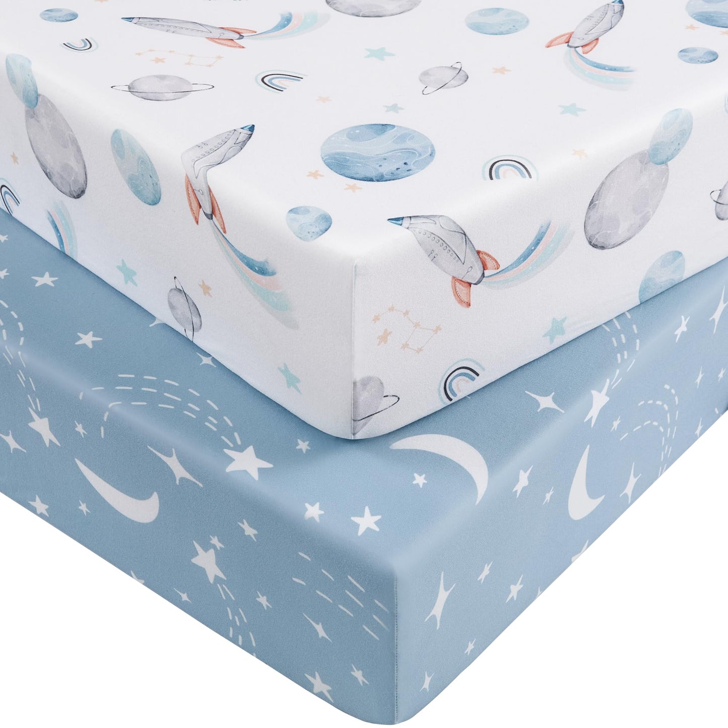 Nyessmee Pack and Play Sheets for Boys Girls, 38" x 26" Mini Crib Sheets Fitted for Pack n Play Mattress, Soft Breathable Playard Sheets, 2-Pack Blue Rocket