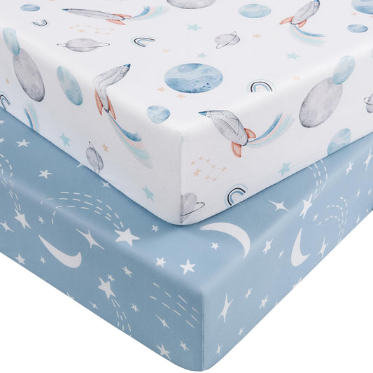 Nyessmee Pack and Play Sheets for Boys Girls, 38" x 26" Mini Crib Sheets Fitted for Pack n Play Mattress, Soft Breathable Playard Sheets, 2-Pack Blue Rocket