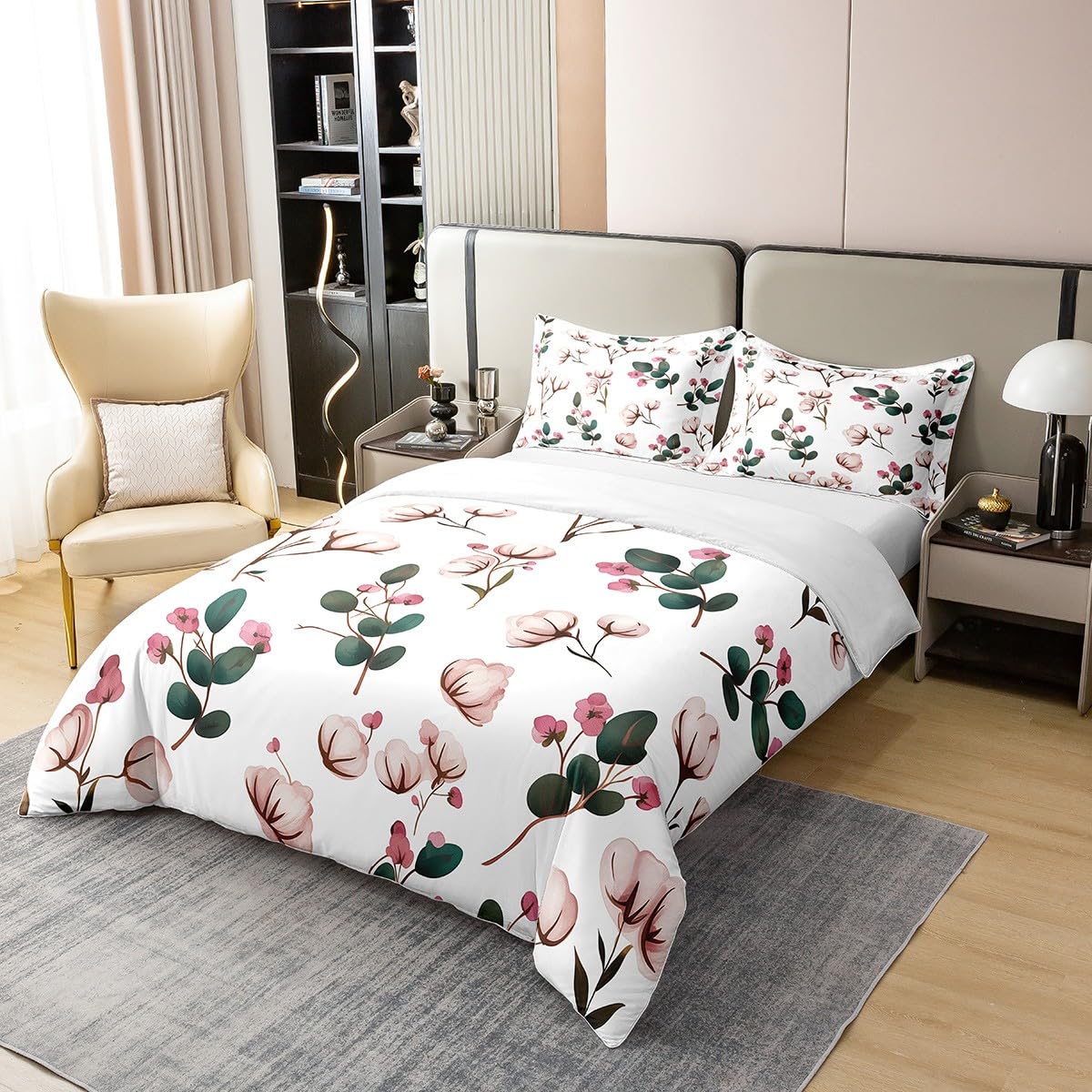 Erosebridal White Pink Cotton Bed Set,Cute Wool Print Bedspread Cover,Farmhouse Botanical Floral Duvet Cover,Branche Flowers Comforter Cover with 1 Pillowcase Twin Size