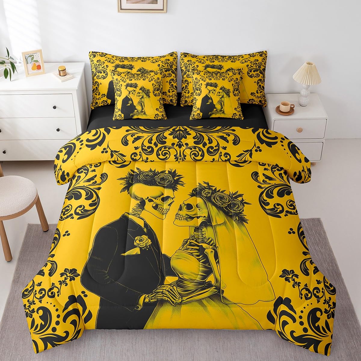 Erosebridal Gothic Skull Bed in A Bag 7 Piece Queen Yellow Black Couple Rose Skull Comforter Set with Sheets Damask Skeleton Goth Bedding Set for Women Men Romantic Wedding Valentines Day Bed Set