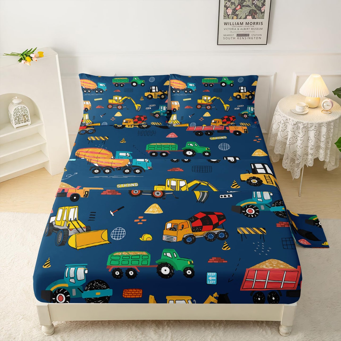 QOOMO Construction Kids Bed Sheets Twin Size,Trucks Print Bedding Sheet Set,4Pcs Excavator Deep Pocket Bed Sets with 1 Fitted Sheet 1 Flat Sheet 2 Pillowcases for Boys Girls Teens