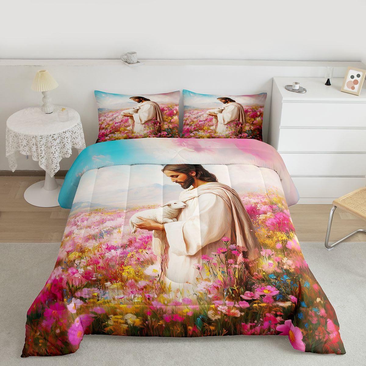Manfei God and Lamb Kids Comforter Set Twin Size,The Lost Lamb Western Flowers Bedding Set Boys Girls Room Decor,Belief Spiritual Artwork Quilt Comforter,Pink Duvet Set Bedroom Quilt Set,1 Pillowcase