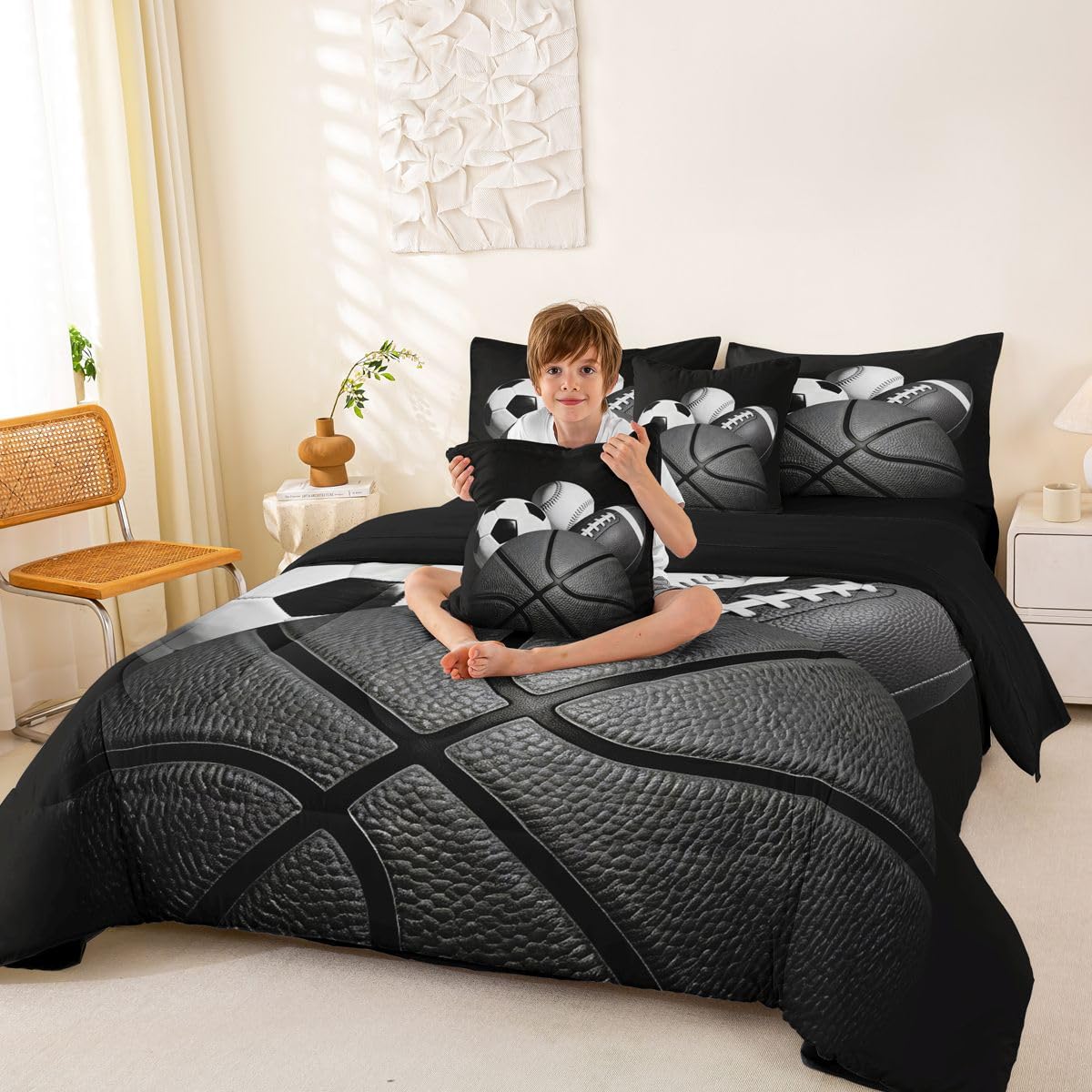 Feelyou Boys Sports Comforter Set Twin Size 7 Pieces Football Baseball Soocer Basketball Bedding Set Kids Black White Bed in a Bag with Sheets, Pillowcases, Cushion Covers Sports Gifts Room Decor Soft