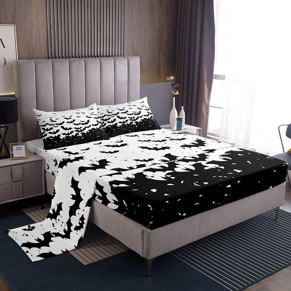 Black Bats Kids Sheet Full Size,Happy Halloween Before Christmas Bedding Set,Boys Girls Adults Room Decor,Halloween Holiday Black White Simple Bed Sheet Set 4pcs(Fitted + Flat + 2 Pillowcases)