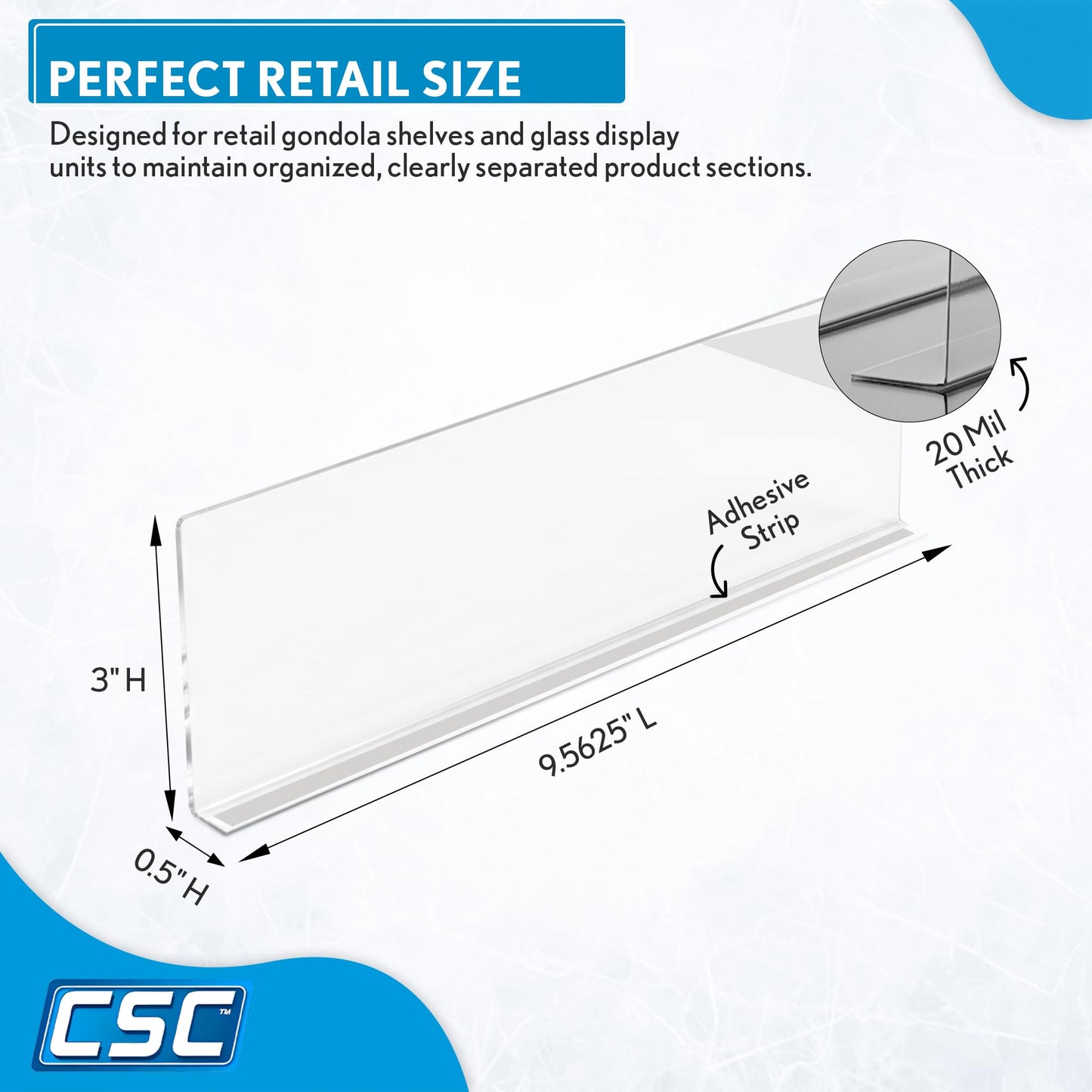 Shelf Dividers, 50 Pack, Self Adhesive, 3” H x 9.5” L Shelf Separators for Retail Shelving, Pantry & Closet Organization, Easy Stick 20 Mil Clear PVC, Product Display Dividers, Clip Strip Corp