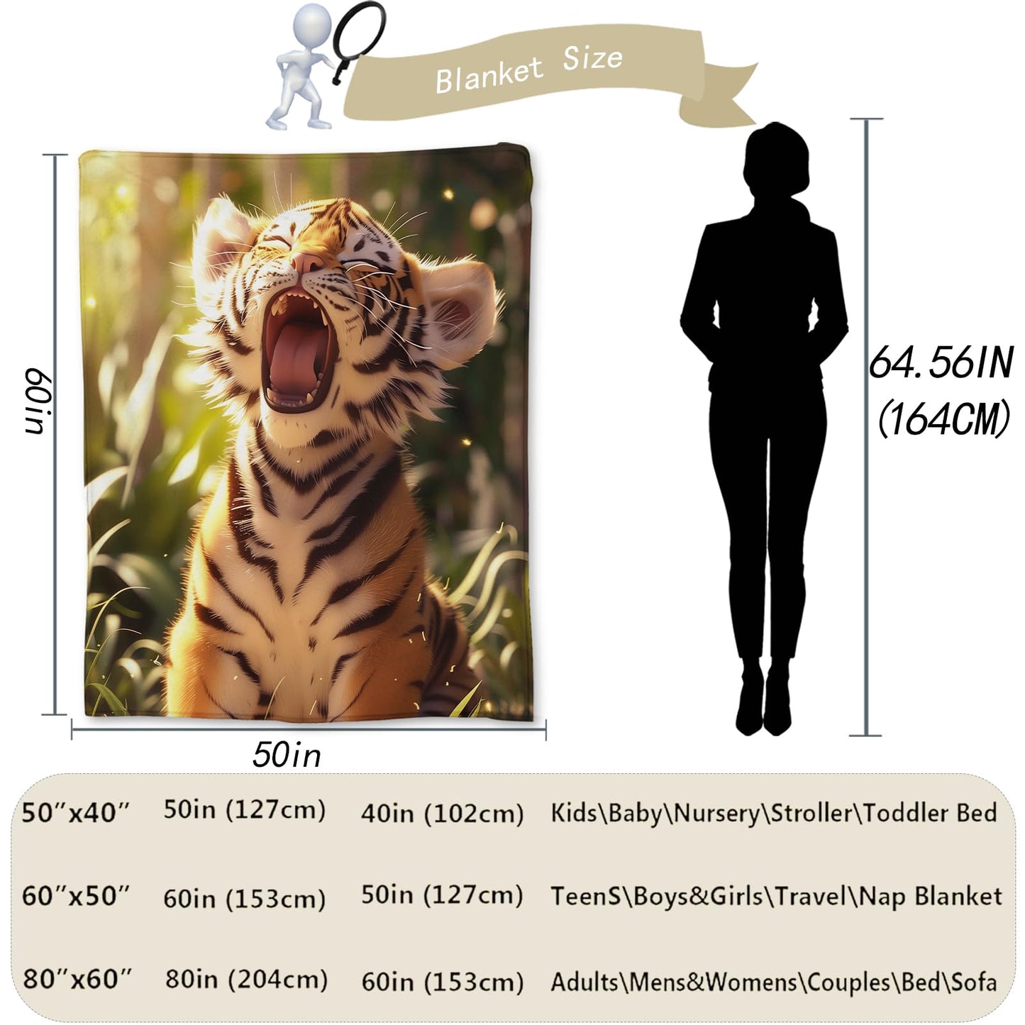 Ti Caldi Cute Tiger Blanket, Soft Fuzzy Lightweight Animal Flannel Throw Blanket Perfect for Couch, Bed, Travel & Outdoor Use, Warm Fluffy Cozy Decor Blankets for Adults Kids Women Girls 60×50 in
