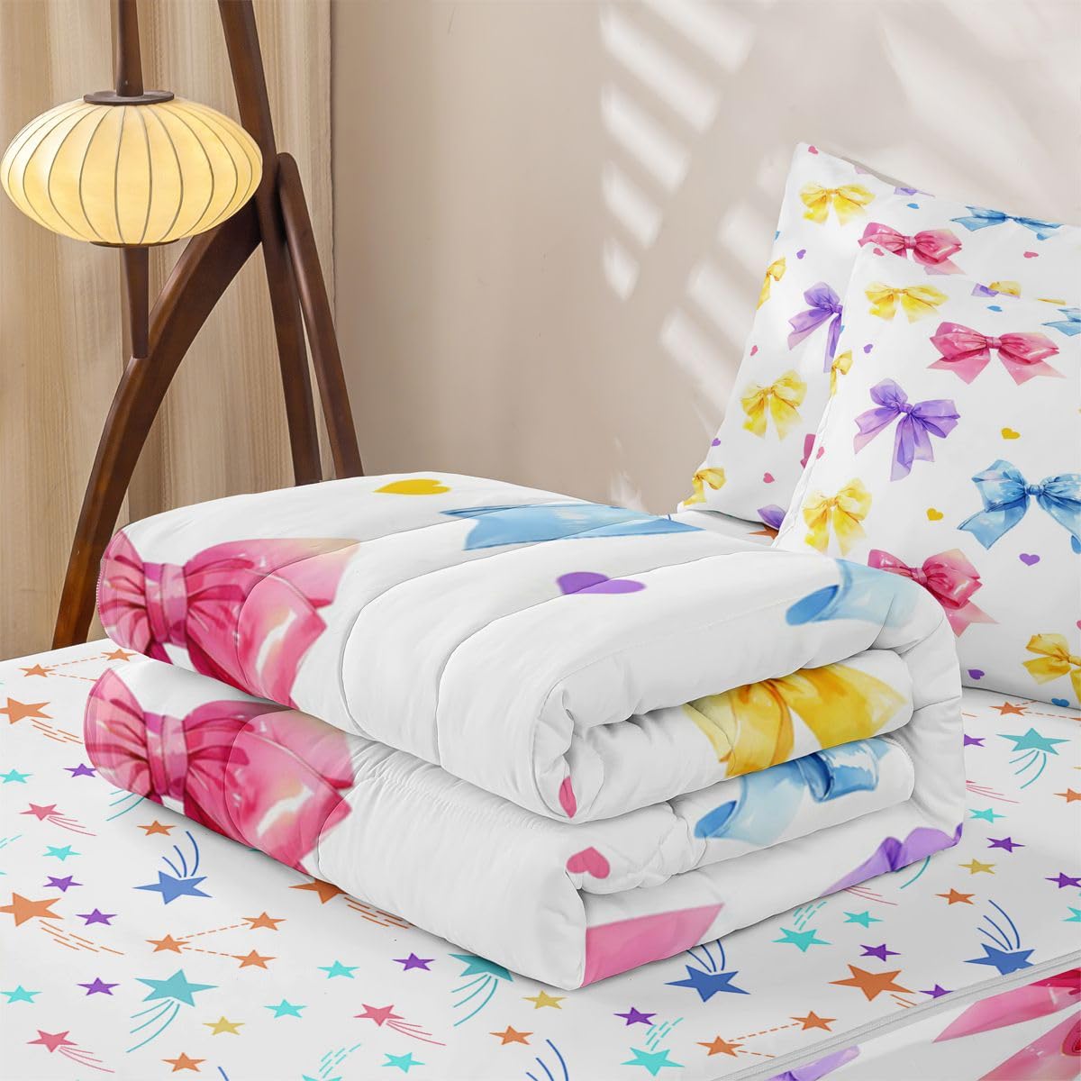 Feelyou Bow Zipper Bedding Queen Bowknot Comforter Set with Fitted Sheet and Pillowcases Kids Boys Girls Kawaii Zipper Bedding Sets Heat Love Bedroom Decor Cute Bow Gilfts